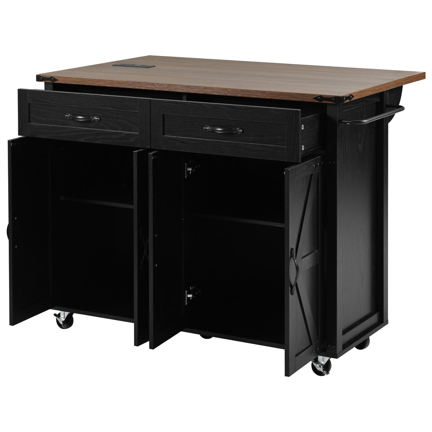 Rolling Farmhouse Kitchen Island with Power Outlet, Drop Leaf Design, Ample Storage, and Spice Rack - Black