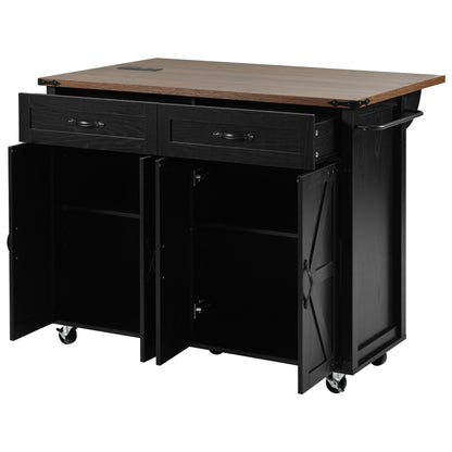 Rolling Farmhouse Kitchen Island with Power Outlet, Drop Leaf Design, Ample Storage, and Spice Rack - Black