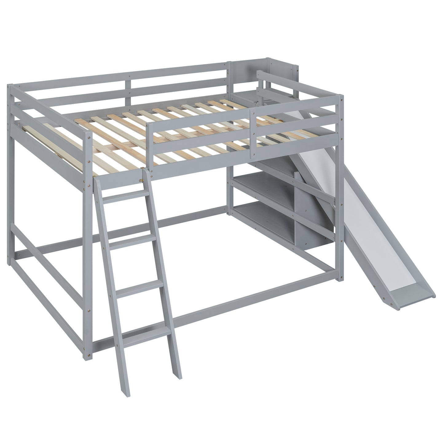 Gray Full Over Full Bunk Bed with Slide, Ladder, and Storage Shelves