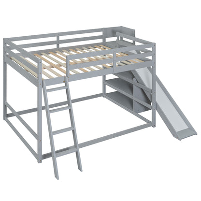 Gray Full Over Full Bunk Bed with Slide, Ladder, and Storage Shelves