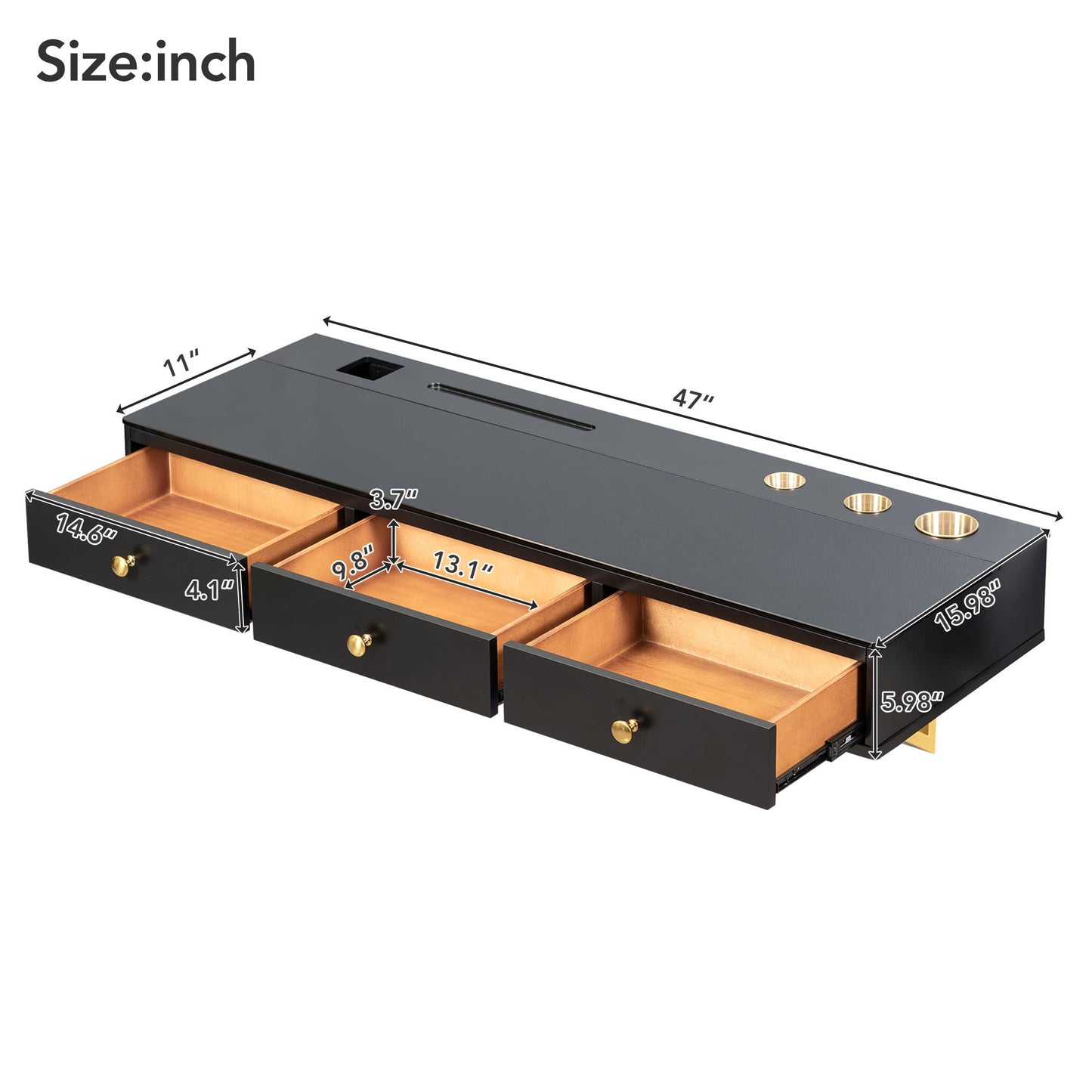 47-Inch Floating Shelf with Drawer — Wall-Mounted Vanity Desk for Bedroom/Bath Salon Table Black & Gold