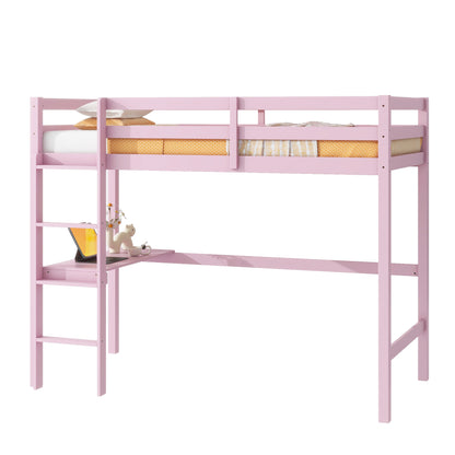 Pink Twin High Loft Bed with Built-in Desk and Safety Guardrails - Rubber Wood Design