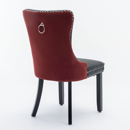 Modern Tufted Solid Wood Dining Chairs, PU & Velvet, Wood Legs, Set of 2, Black + Burgundy
