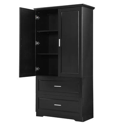 Black Tall Storage Cabinet with Adjustable Shelves, Doors, and Drawers - MDF Construction