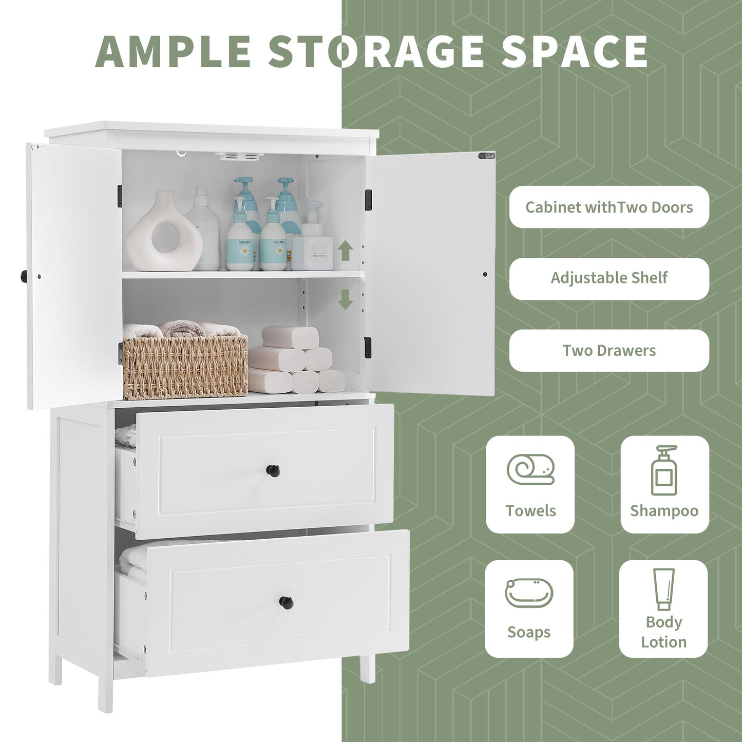 White MDF Bathroom Storage Cabinet with Adjustable Shelves, Two Doors, and Drawers
