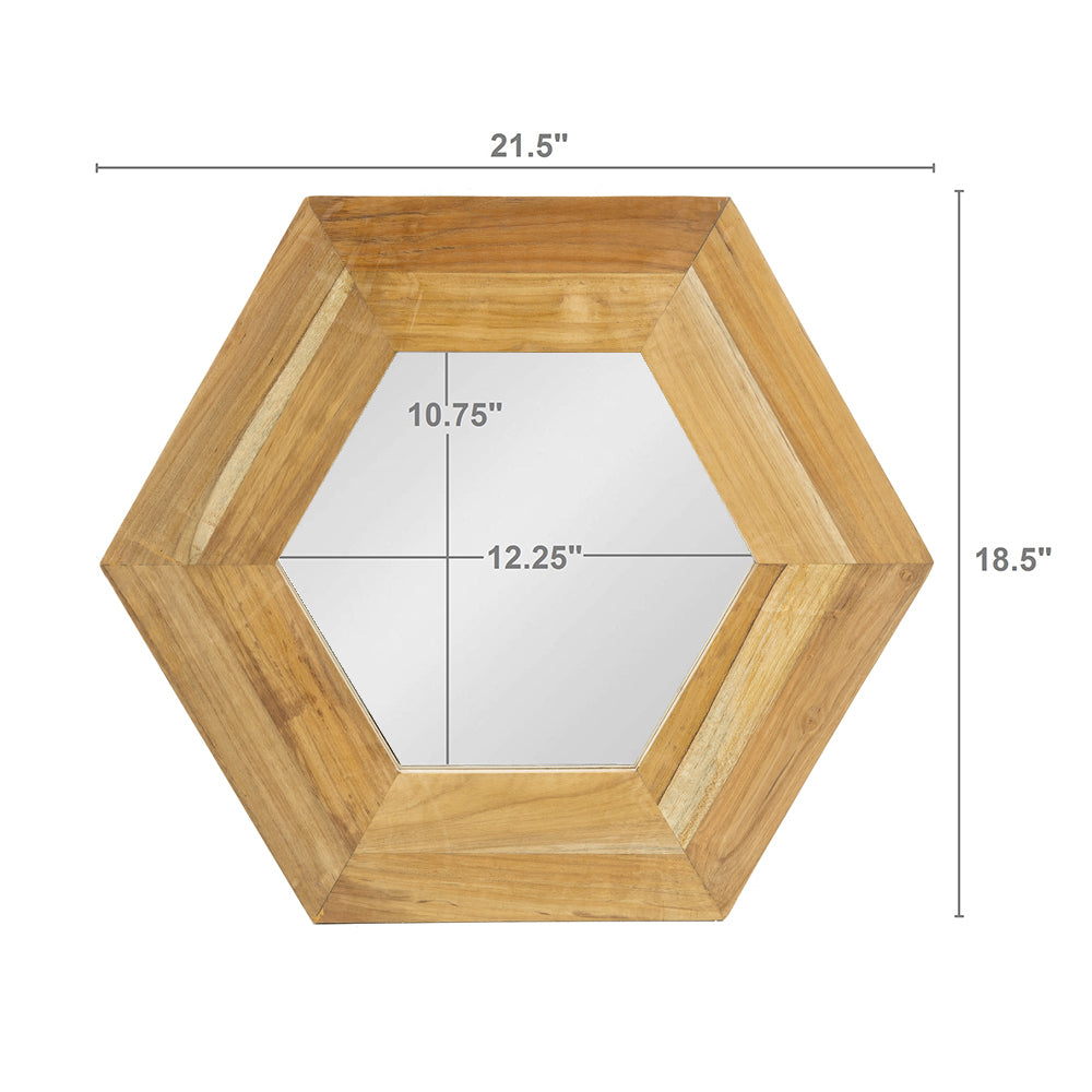 Hexagonal Teak Wood Framed Mirror - 18.5” Wall Decor for Living Room, Bathroom, or Hallway