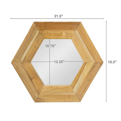 Hexagonal Teak Wood Framed Mirror - 18.5” Wall Decor for Living Room, Bathroom, or Hallway