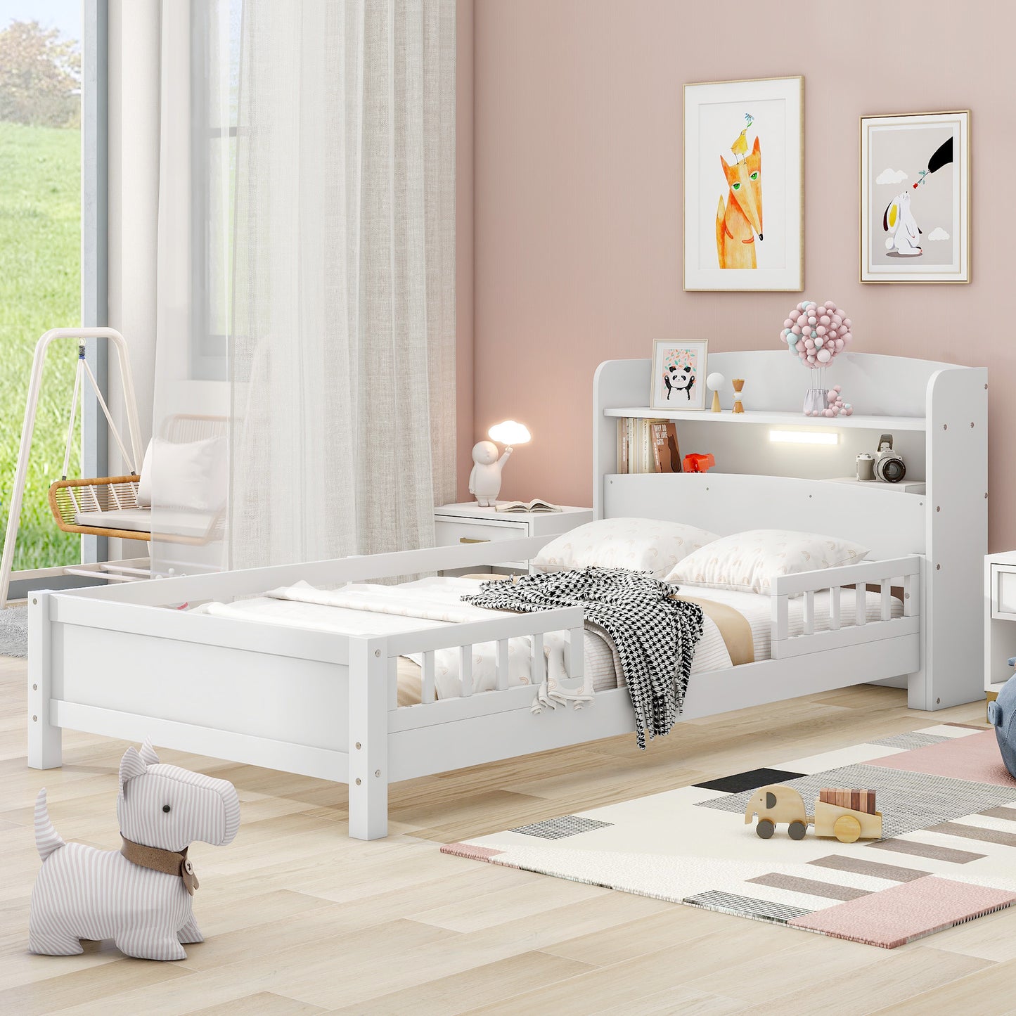 Contemporary Twin Wooden Platform Bed with LED Headboard Storage and Safety Guardrails in White