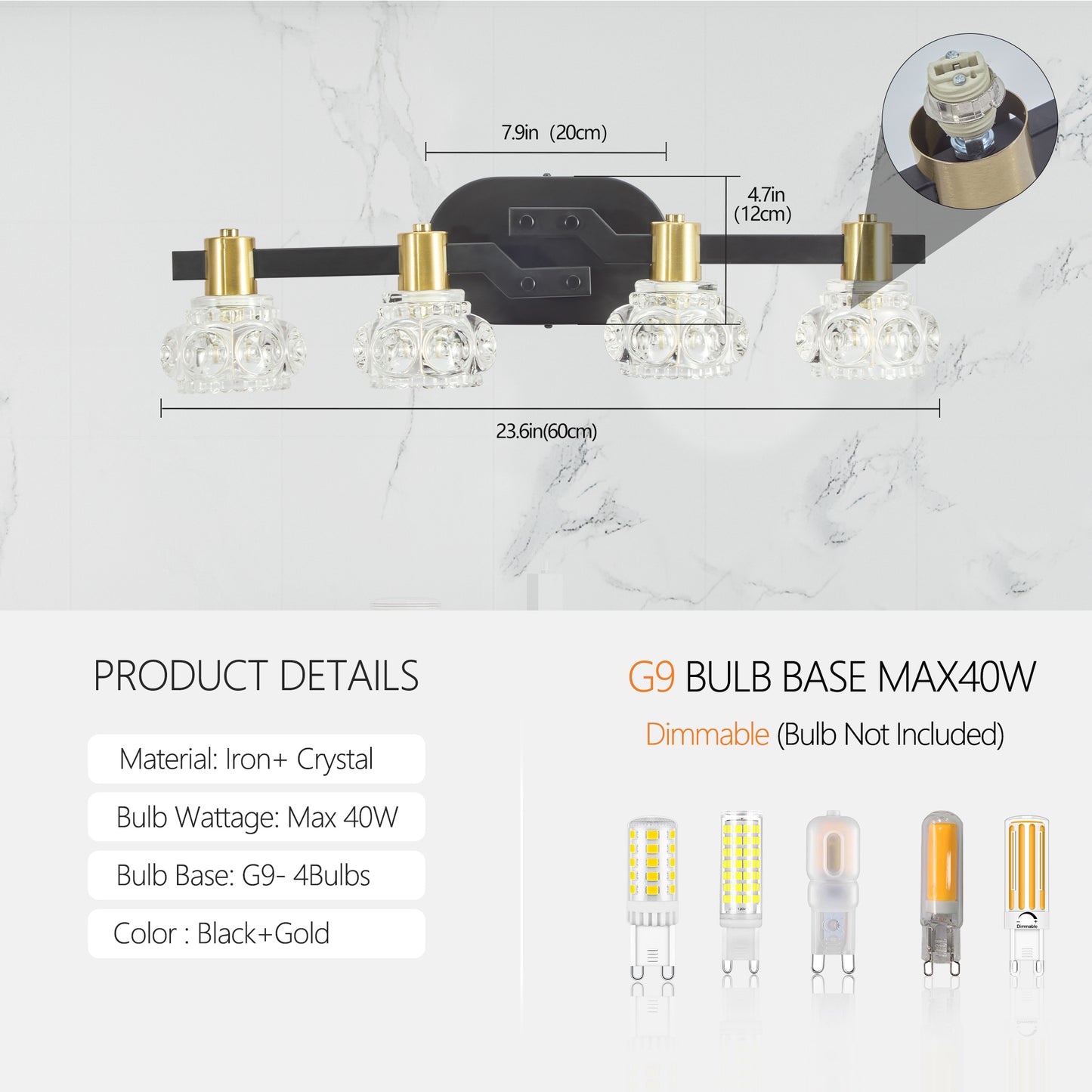 Vintage 4-Light Wall Sconce with Crystal Shades for Hallway or Bathroom Vanity, Black Iron Finish