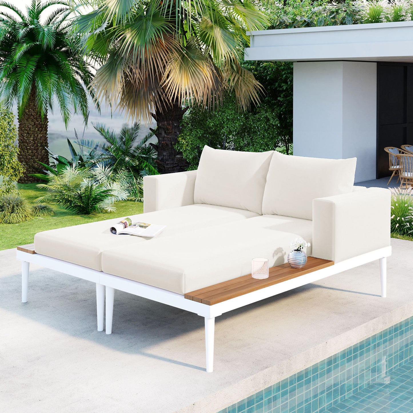 Modern Outdoor Daybed With Metal Frame And Wood Top For Poolside And Balcony 2 In 1 Padded Chaise Lounges 2 Person Beige
