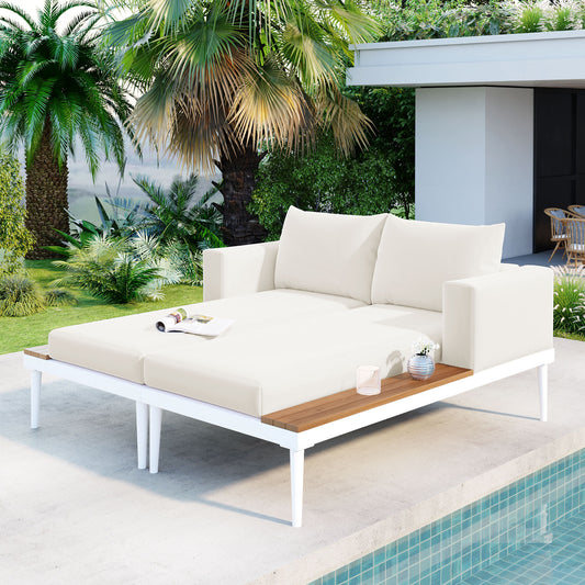 Modern Outdoor Daybed With Metal Frame And Wood Top For Poolside And Balcony 2 In 1 Padded Chaise Lounges 2 Person Beige