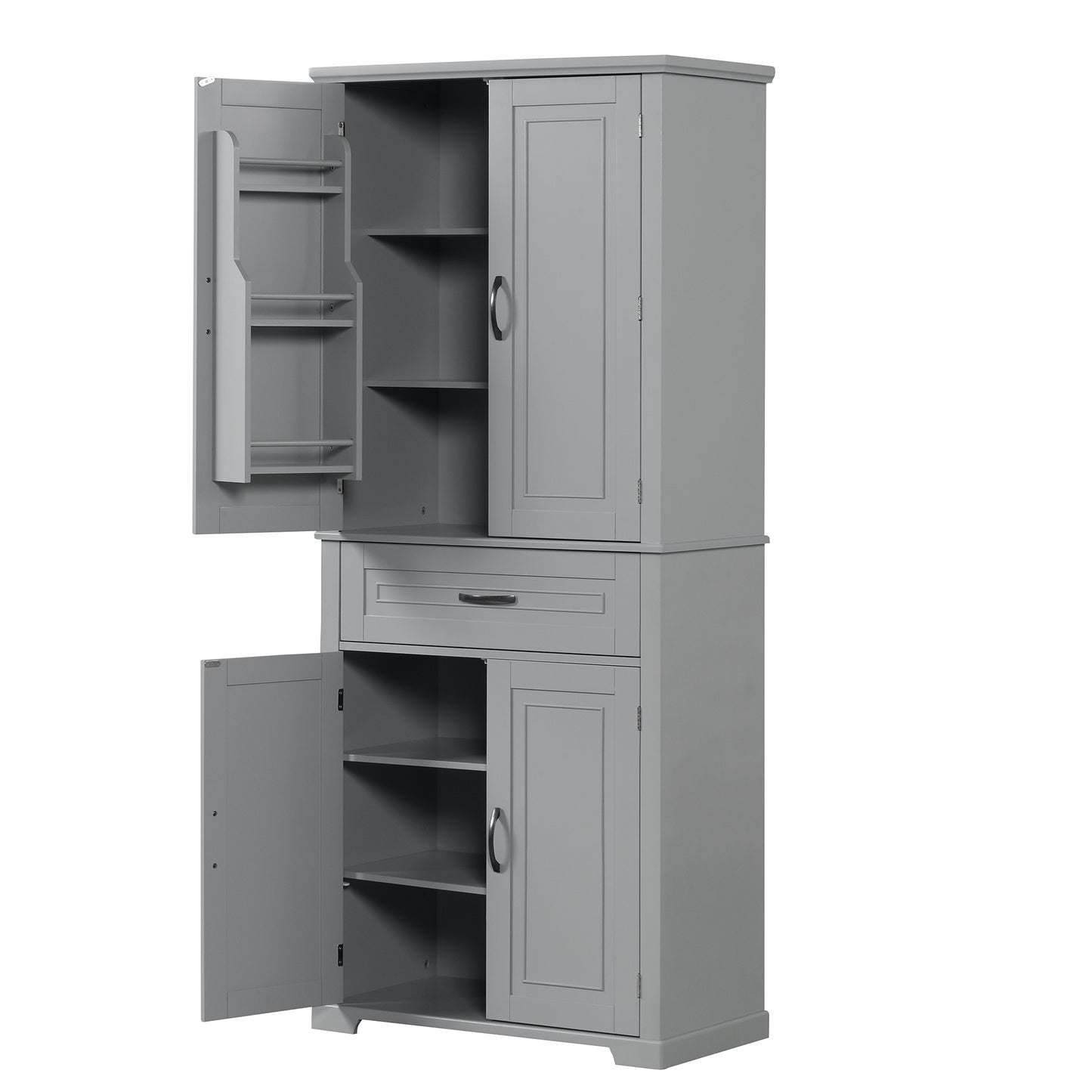 Tall Grey MDF Bathroom Storage Cabinet with Adjustable Shelf and Multiple Storage Solutions