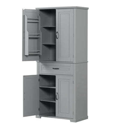 Tall Grey MDF Bathroom Storage Cabinet with Adjustable Shelf and Multiple Storage Solutions