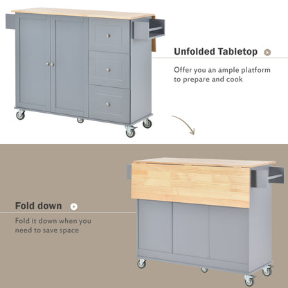 Versatile Rolling Kitchen Island with Solid Wood Top, Locking Wheels & Ample Storage - 52.7 Inch (Grey Blue)