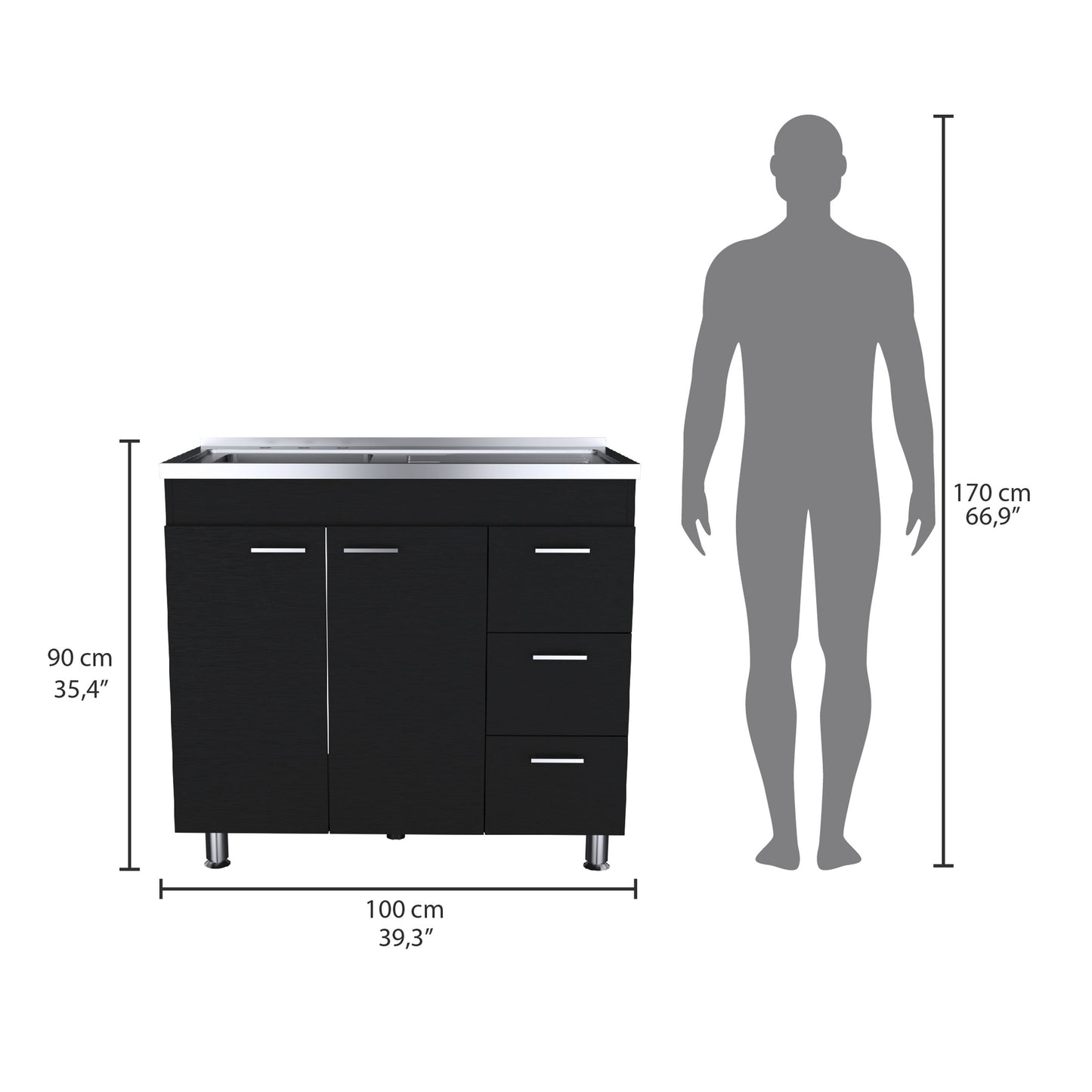 Modern Black Utility Sink with Three Drawers and Double Door Cabinet