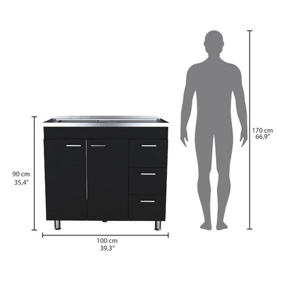 Modern Black Utility Sink with Three Drawers and Double Door Cabinet