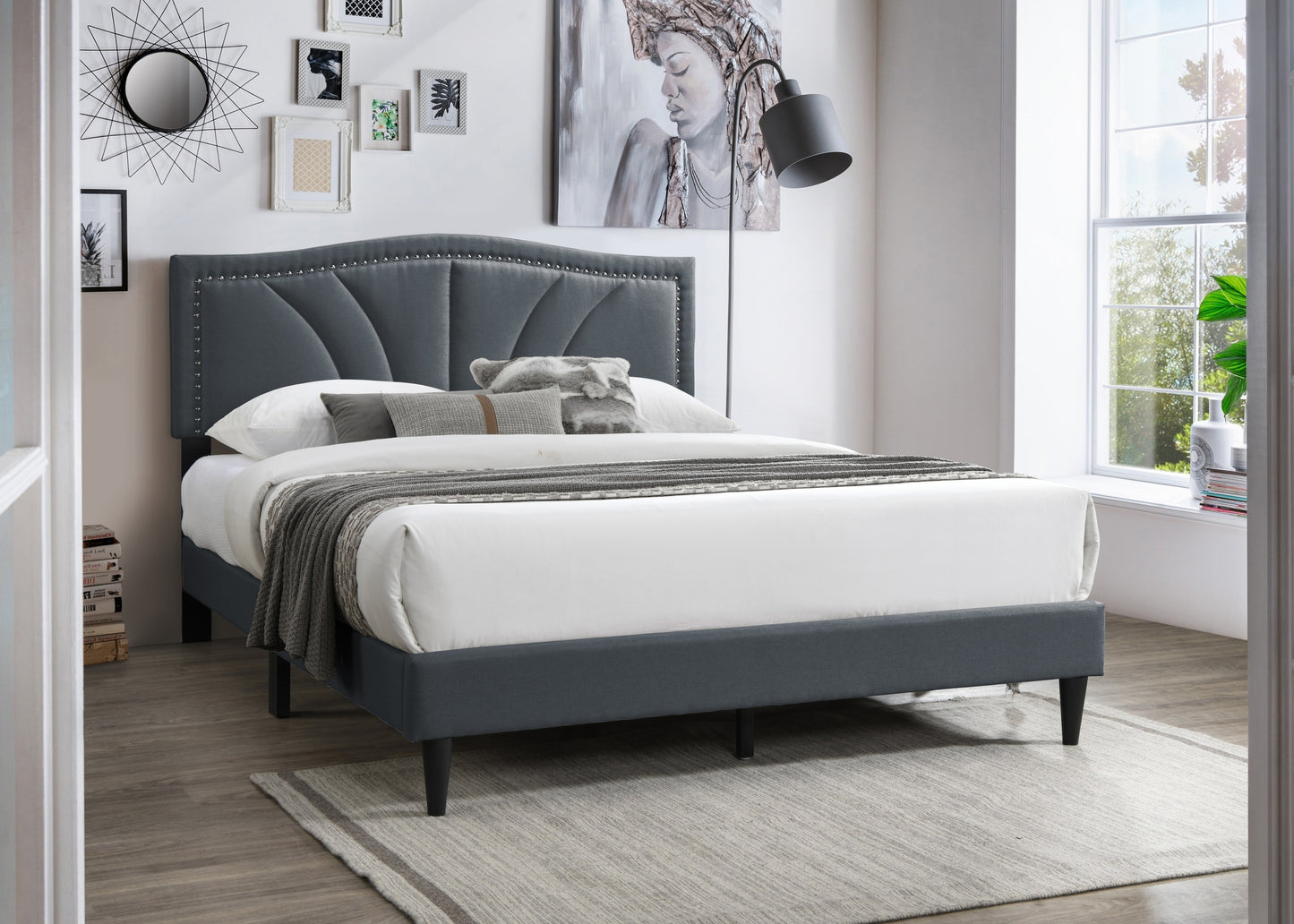 Chic Charcoal Burlap Queen Bed with Vintage Nailhead Trim Accents