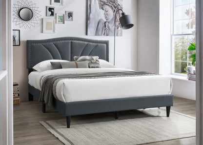 Chic Charcoal Burlap Queen Bed with Vintage Nailhead Trim Accents