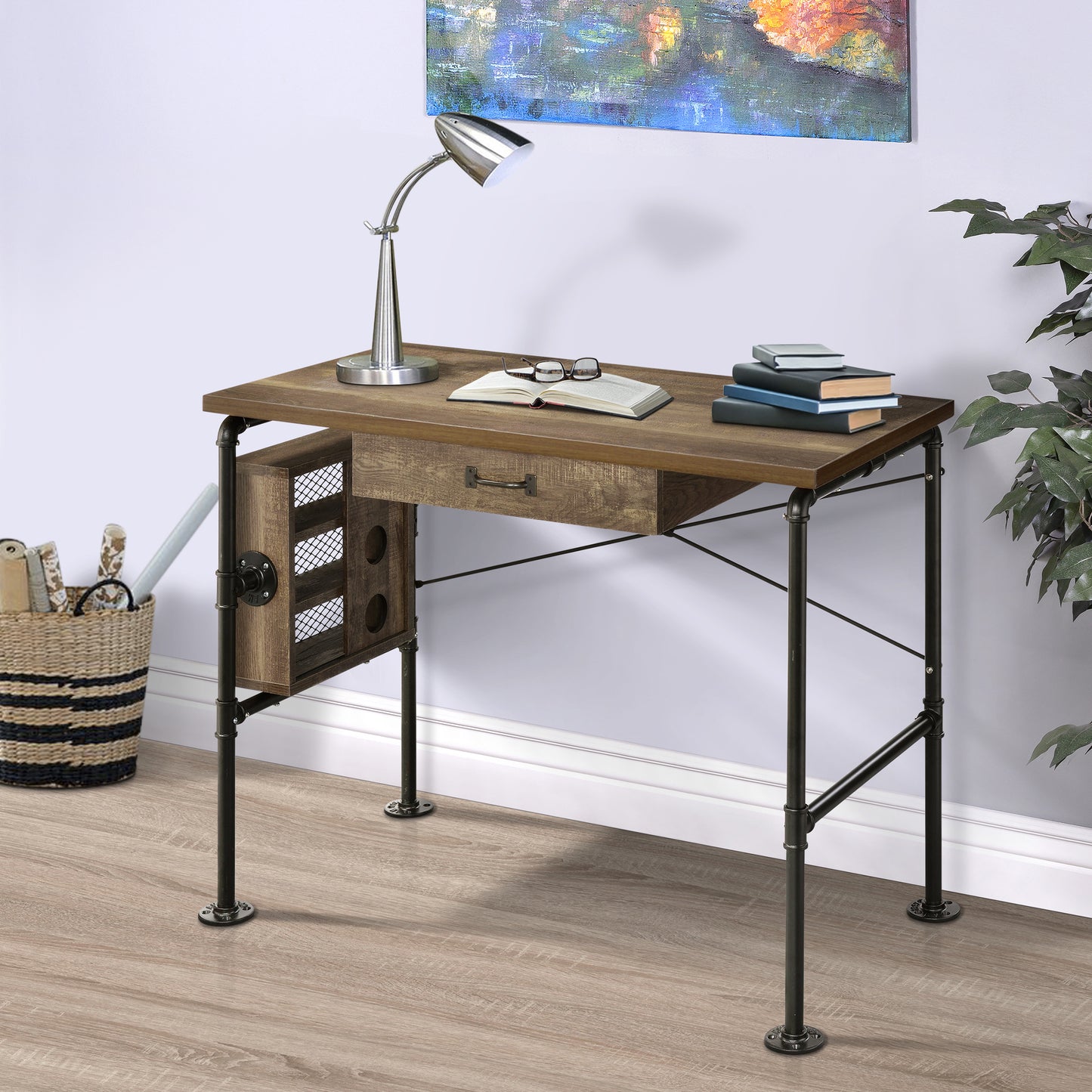 Industrial-Style Black and Weathered Oak Writing Desk with Storage