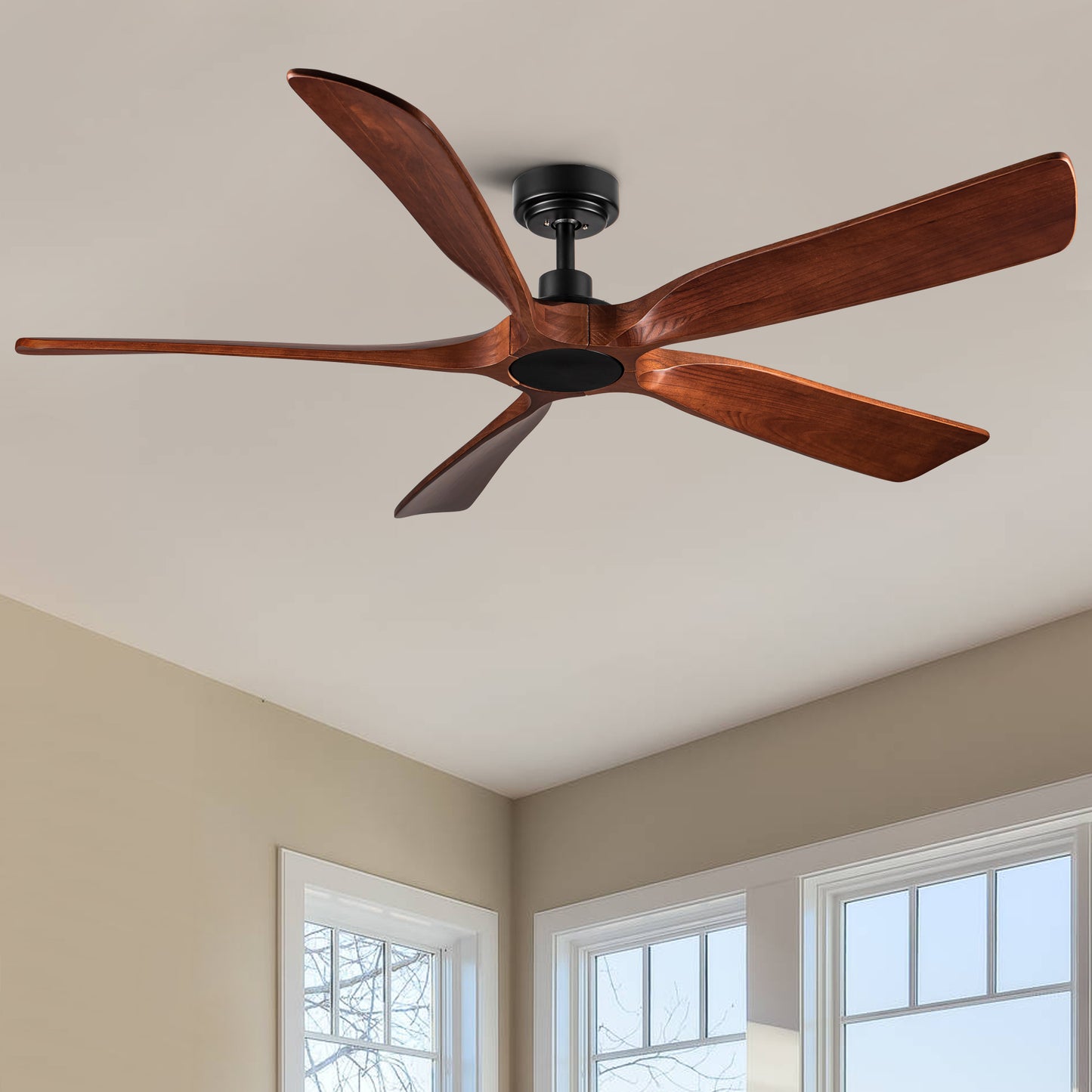 60-Inch Farmhouse Ceiling Fan with Remote, Reversible 6-Speed Motor, 5 Wood Blades, No Light, Walnut