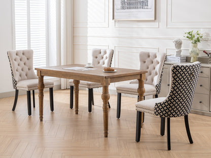 Set of 2 Velvet Tufted Dining Chairs with Nailhead Trim, Rubberwood Legs, Mid-Century, Beige