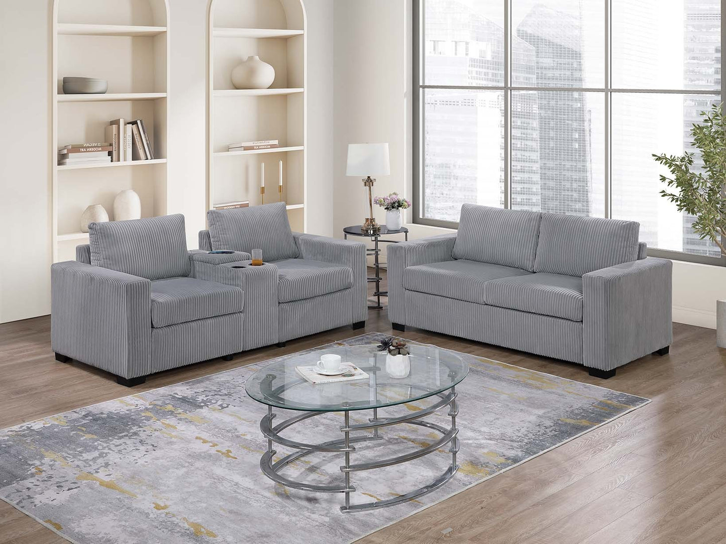 2-Piece Console Sofa Set with Cup Holders and Charging Station; Sofa & Loveseat in Corduroy Light Gray