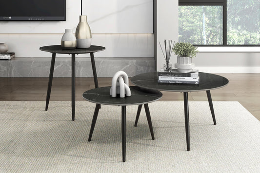 3-Piece Nesting Cocktail & End/Side Table Set – Modern Tables, Sintered Stone Tops, Metal Legs Black