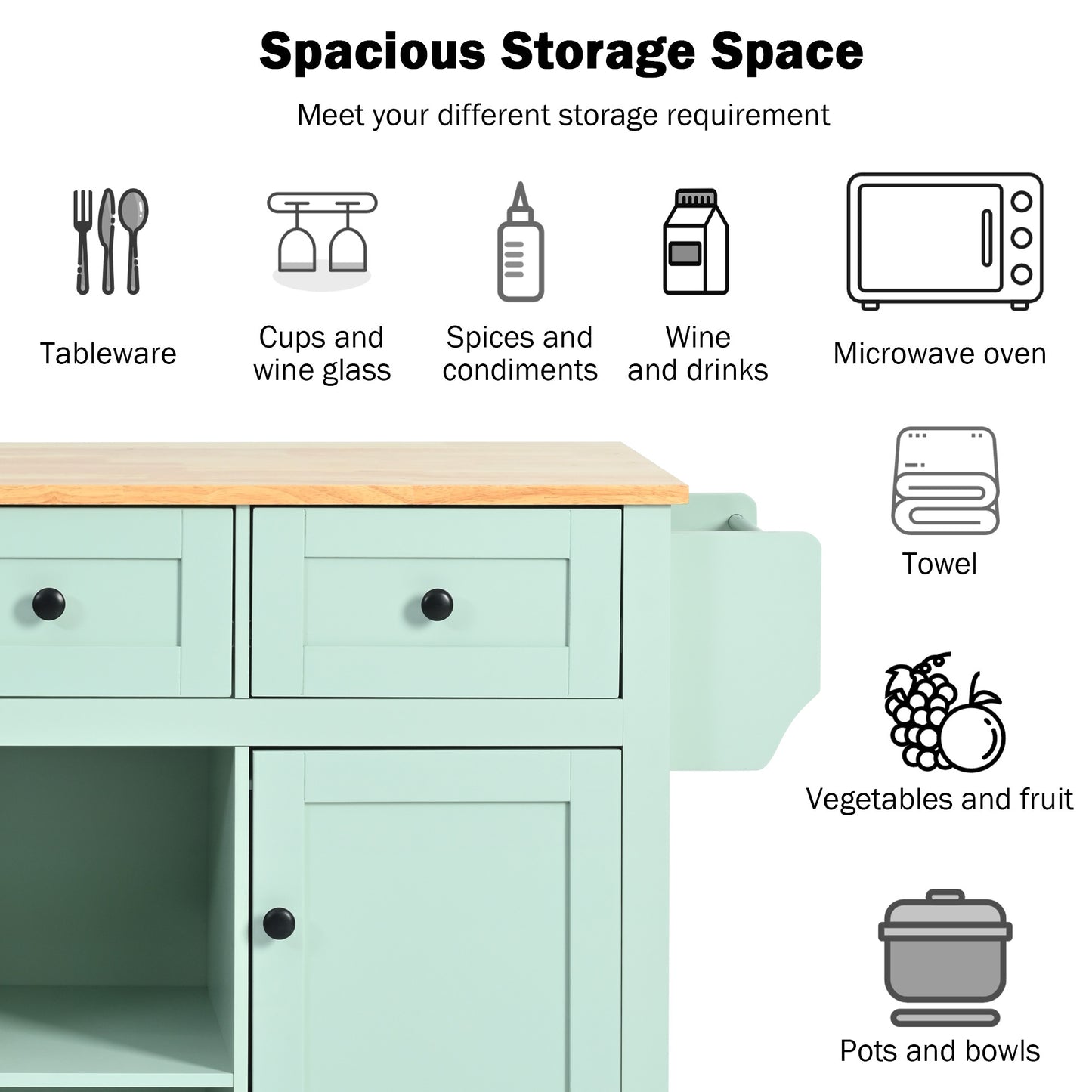 Mint Green Kitchen Island Cart with Drop-Leaf Rubberwood Top, Storage Cabinet, and 3 Drawers on Wheels