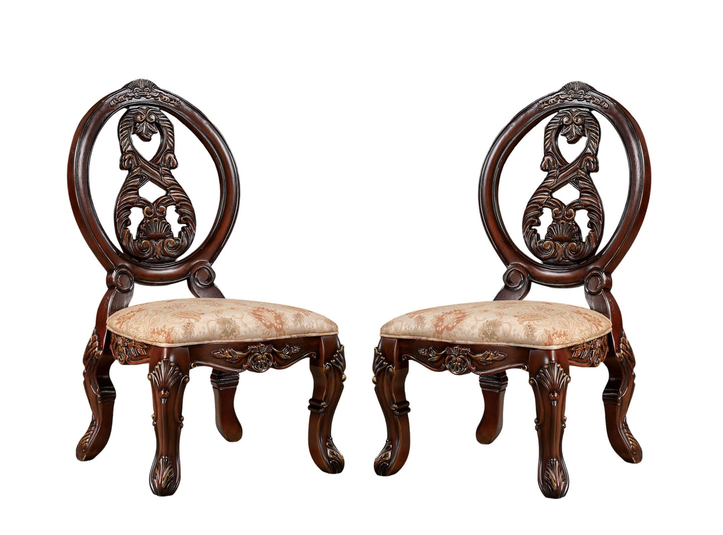 2-Piece Traditional Solid Wood Dining Side Chairs with Fabric Seats, Welt, Cabriole Legs, Round Back Tan