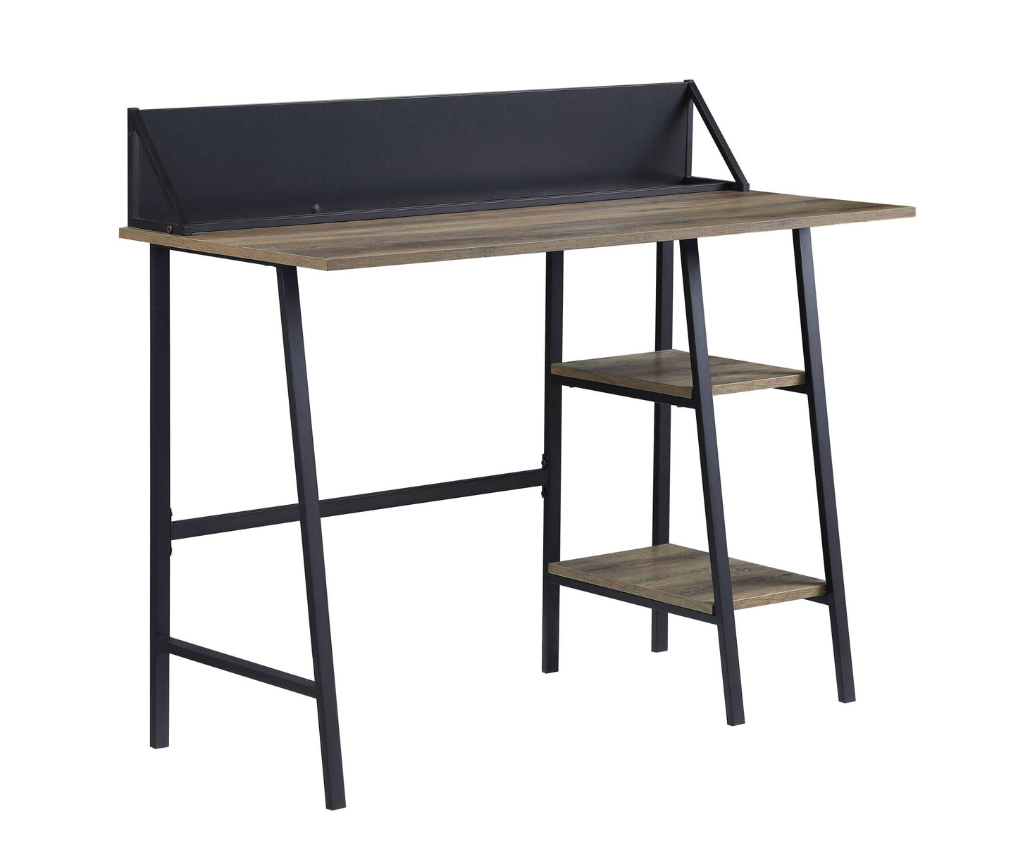 Modern Rustic Oak Writing Desk with Black Metal Legs and Storage Shelves