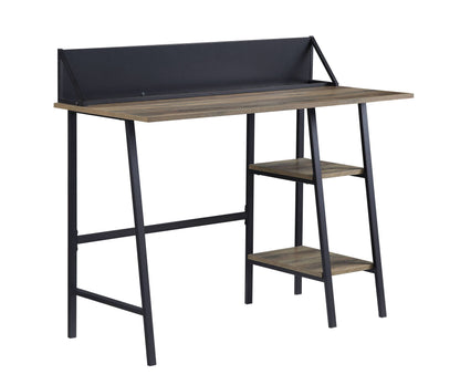 Modern Rustic Oak Writing Desk with Black Metal Legs and Storage Shelves