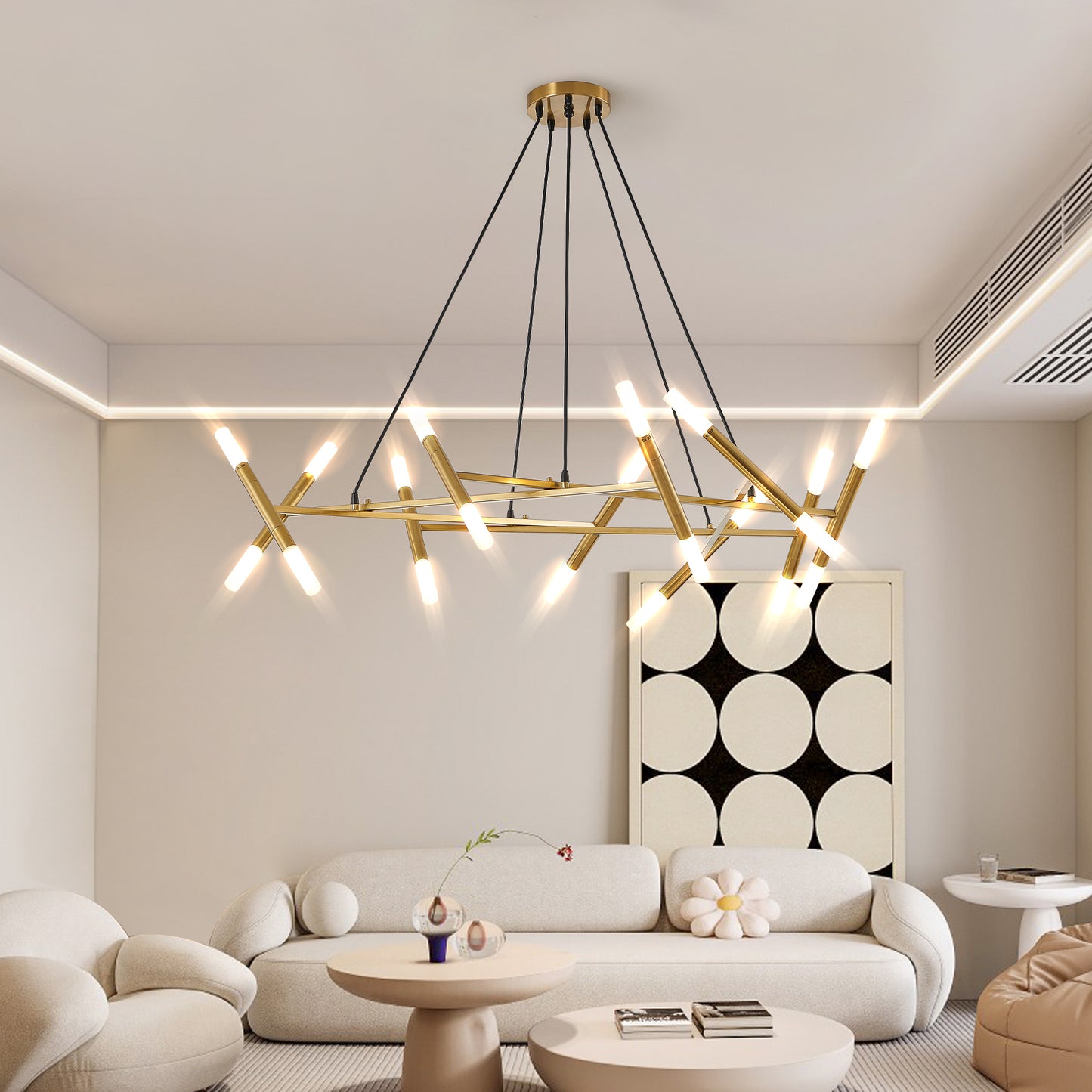 Branch-Design Pendant Chandelier with Frosted Tubes, Adjustable Height Dining/Living, Hard-Wired, Gold