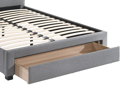 Light Grey Upholstered Twin Bed Frame with Storage Drawer and Button Tufted Headboard