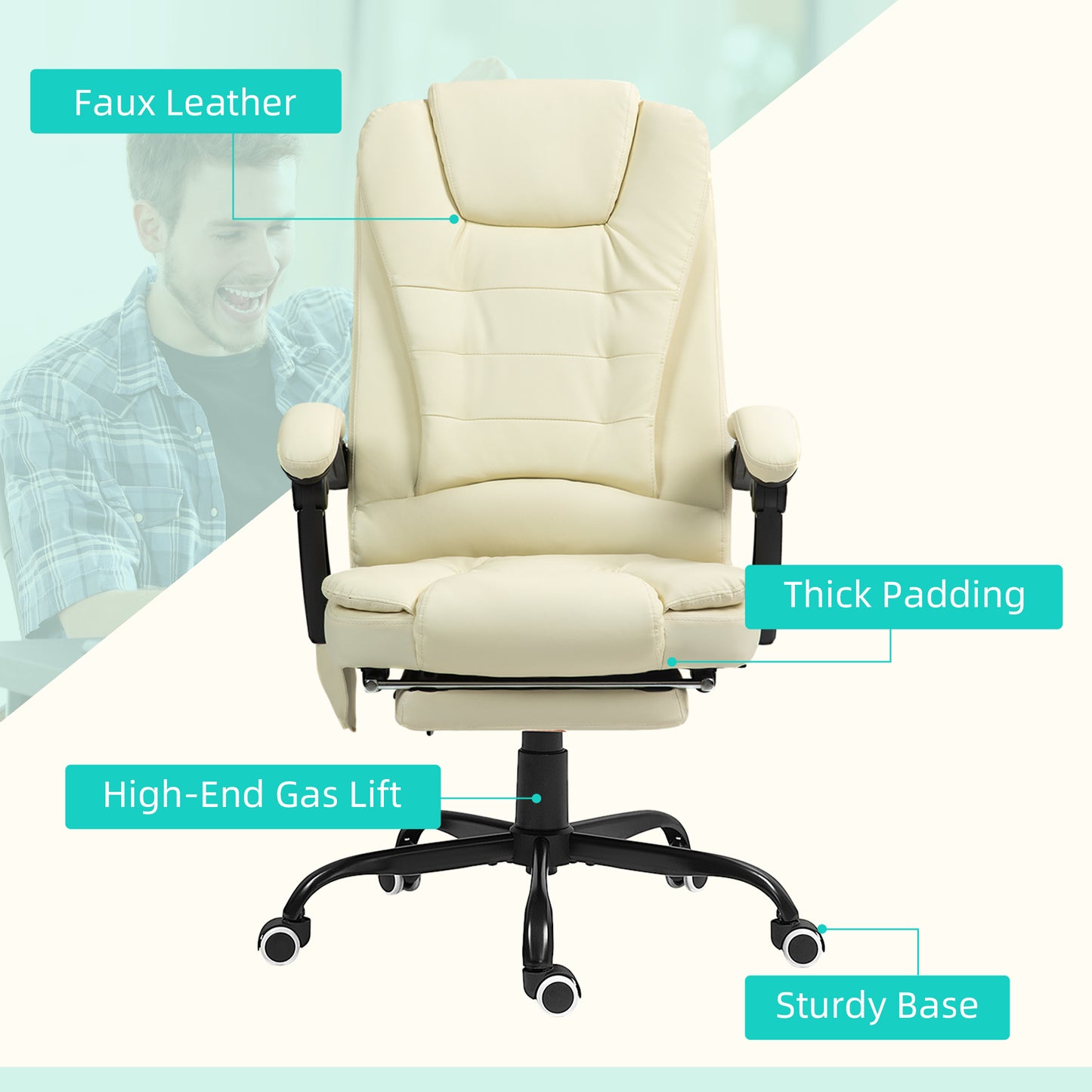 Cream White 7-Point Vibrating Massage Office Chair with Reclining Back and Footrest, Ergonomic Design for Ultimate Comfort