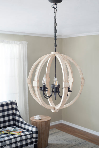 6-Light Pine Wood Chandelier with Adjustable Chain, Iron Accents for Kitchen and Dining Rooms White
