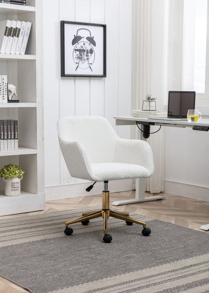 Elegant White Teddy Fabric Home Office Chair with Gold Metal Legs and 360° Swivel Function