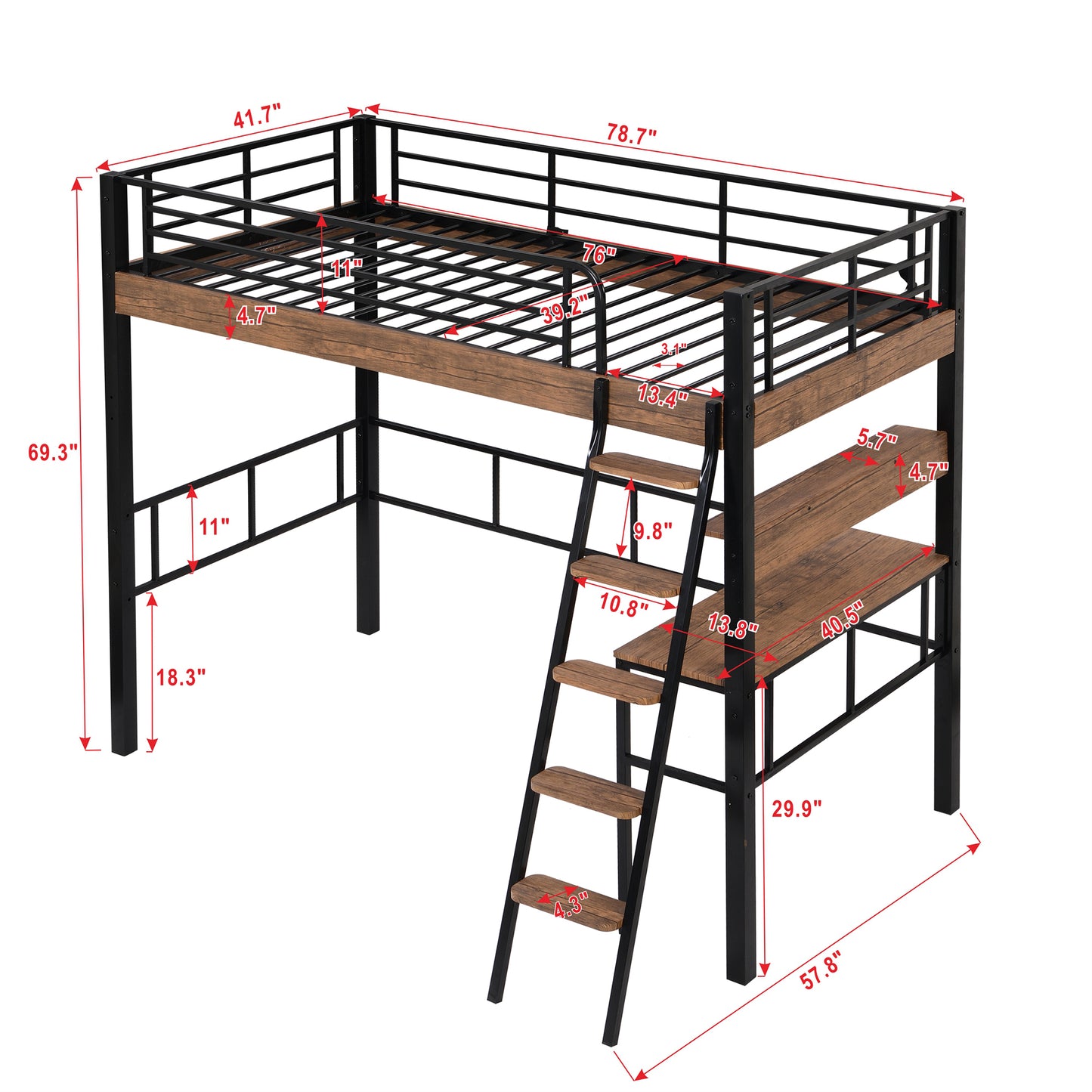 Black Metal Twin Loft Bed with Integrated Desk, Storage Shelf, and Ladder