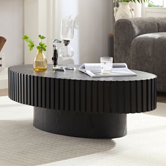 Ellipse Drum Coffee Table, 43.7-Inch, Pedestal-Based Modern MDF Living Room Table, Matte Black