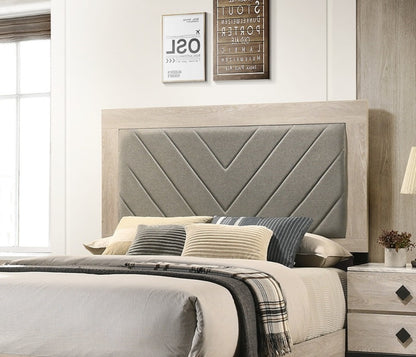 Elegant Cream California King Bed with Gray V-Design Headboard - Premium Rubberwood Frame