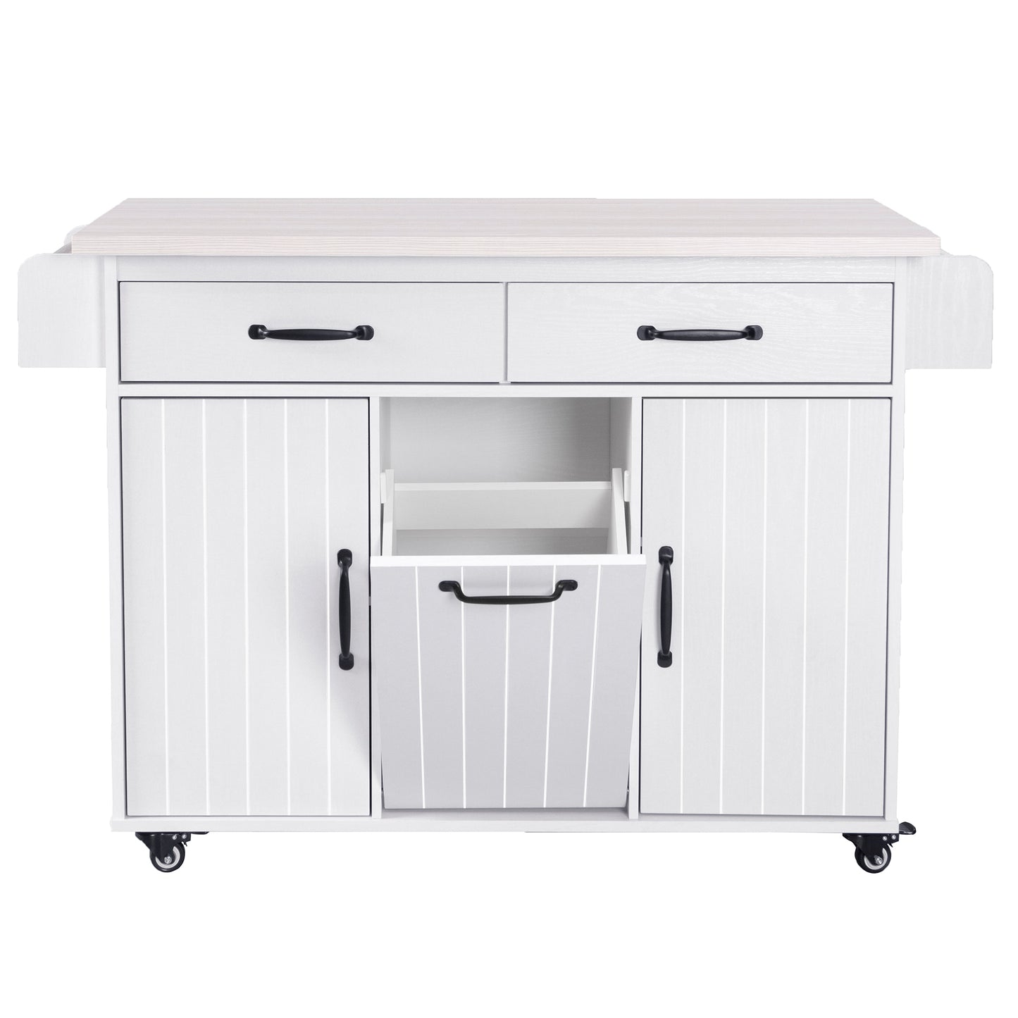 Rolling White Kitchen Island with Drop Leaf and Tilt-out Trash Can Storage, Spice Rack & Towel Rack