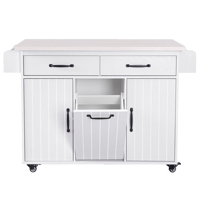 Rolling White Kitchen Island with Drop Leaf and Tilt-out Trash Can Storage, Spice Rack & Towel Rack