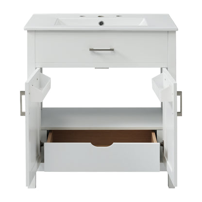 Elegant 30-Inch White Bathroom Vanity with Ceramic Sink and Ample Storage for Compact Spaces