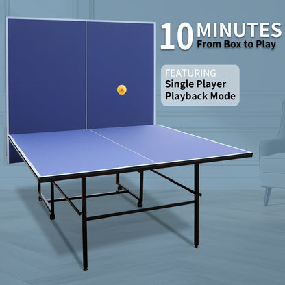 9ft Foldable Indoor Table Tennis Table with Net, 2 Paddles & 3 Balls, 12mm MDF, Quick Assembly Blue