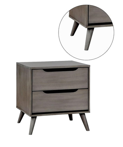 Mid-Century Modern Gray Color 1pc Nightstand Bedroom Furniture Solid wood Round Tapered Legs 2-Drawers Bedside Table