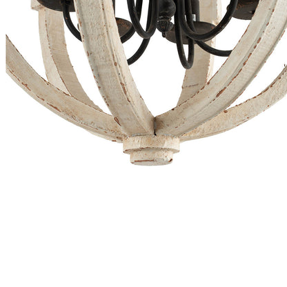 6-Light Pine Wood Chandelier with Adjustable Chain, Iron Accents for Kitchen and Dining Rooms White