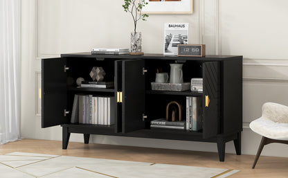 4-Door Sideboard Storage Cabinet for Living Room and Dining Room, Two Large Cabinets with Gold Handles and Adjustable Shelf, Black
