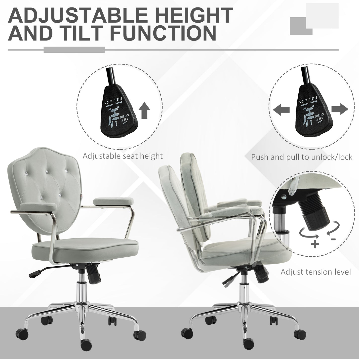 Chic Gray Velvet-Feel Swivel Office Chair with Rhinestone Accents and Adjustable Height