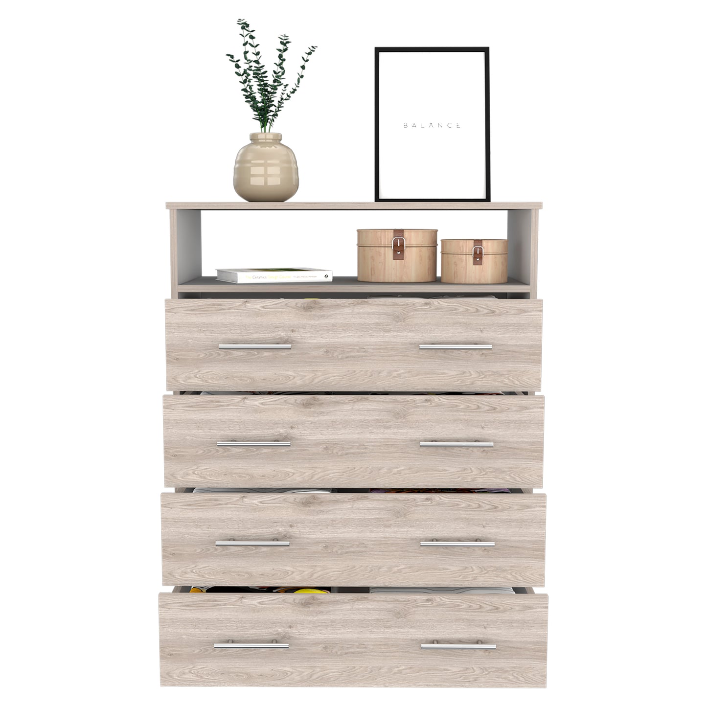Contemporary Light Gray and White Four Drawer Dresser for Bedroom Storage