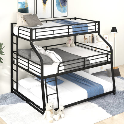 Metal Triple Bunk Bed in Black for Twin XL, Full XL, and Queen Sizes with Dual Ladders and Full-Length Guardrails