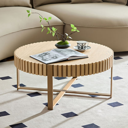 Round Drum Coffee Table, 31.5-Inch, Living Room Table with Pedestal, MDF+Metal, Modern Style Natural Ash